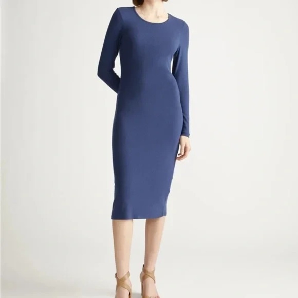 Quince NWT Tencel Rib Knit Long Sleeve Midi Dress in‎ Navy Blue Size Small